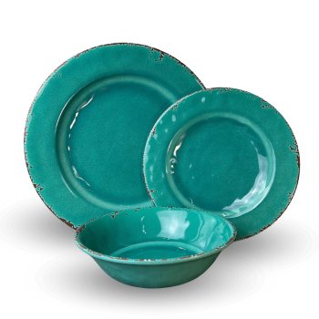 Turquesa Melamina KIT 4 Pratos Raso27 cm, 4 Pratos Sobremesa 21 cm, 4 Bolw 650 ml, 19 cm